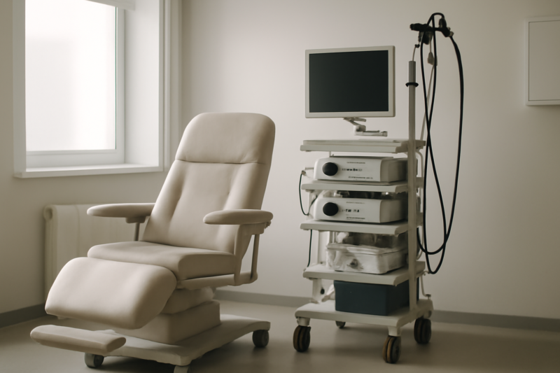 Rustige, moderne endoscopiekamer met een behandelstoel en medische apparatuur