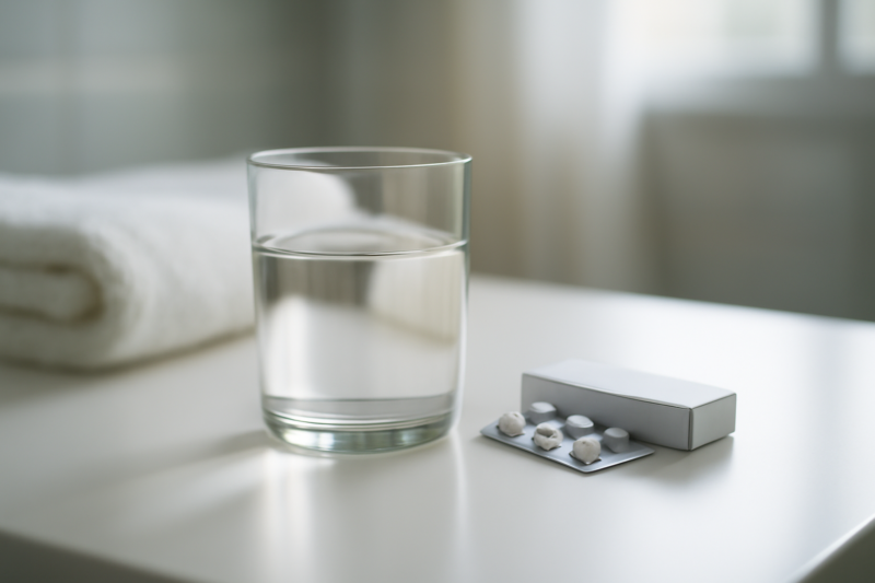 Glas water en laxeermiddel op een badkamertafel als voorbereiding op coloscopie