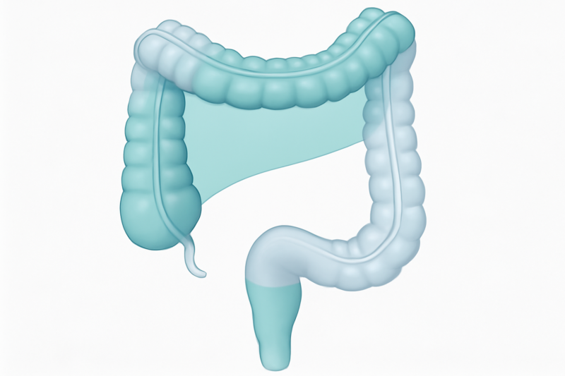 Anatomische illustratie van de dikke darm met gemarkeerde zones voor coloscopie en sigmoïdoscopie