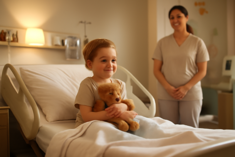 Kind zit met knuffel op een ziekenhuisbed voor een darmonderzoek, rustige sfeer