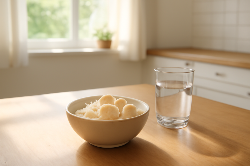 Lichte maaltijd met rijst en banaan op een houten tafel tijdens herstel na coloscopie