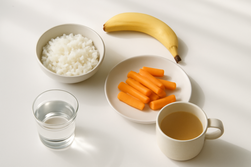 Lichte maaltijden na een coloscopie: rijst, gekookte wortel, banaan en bouillon