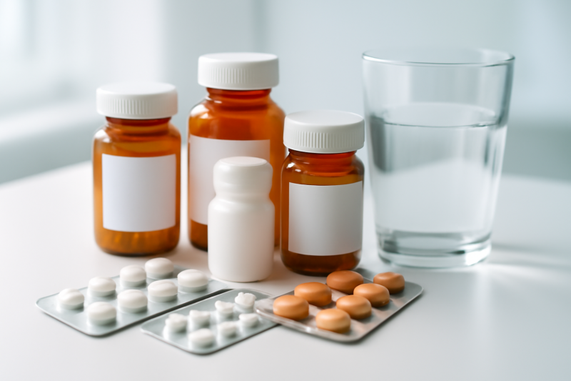 Diverse medicijnen op een witte ondergrond ter voorbereiding op een coloscopie