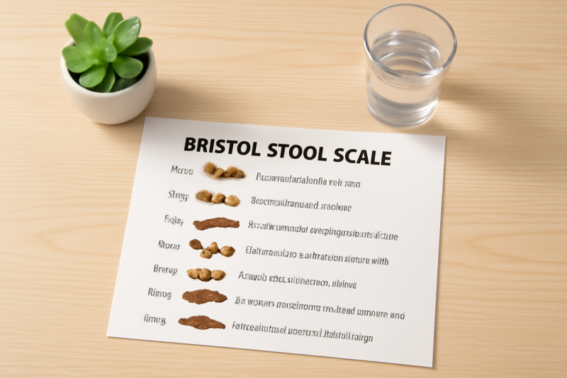 Bristol stoelgangschaal diagram naast een glas water op een houten bureau